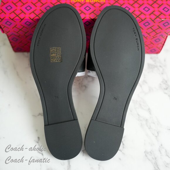 NIB Tory Burch Everly Embellished Crystal Logo Flat Slide Sandal Black Leather - Picture 7 of 9